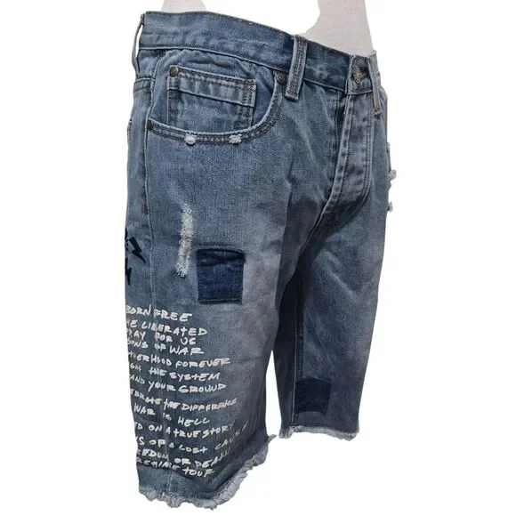 Civil Regime Distressed Denim Bermuda Shorts – 100% Cotton, Raw Hem, Size W30 - Picture 3 of 16